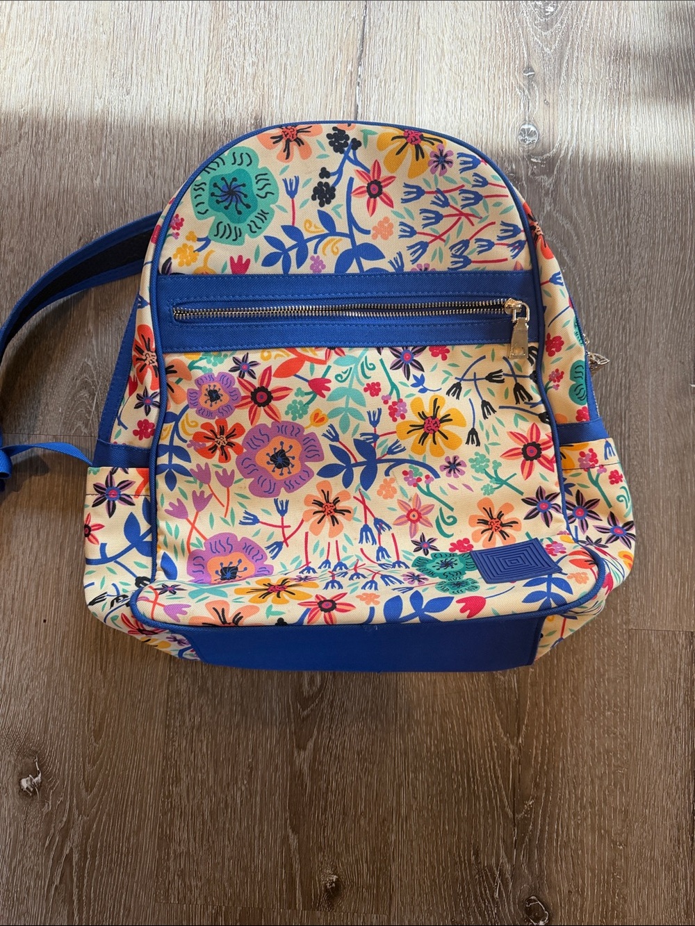 LuLaRoe Floral Mini Backpack in Cream with Blue Trim